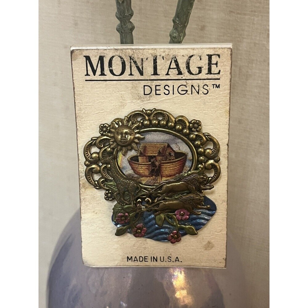Vintage Montage Designs Brooch Pin Noah’s Ark Flower Bronze Tone Women's Fashion